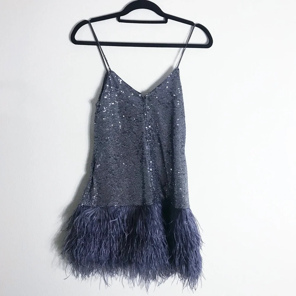 Cinq à Sept Glittering Silver Mini Dress with Feather Detail - Picture 5 of 7